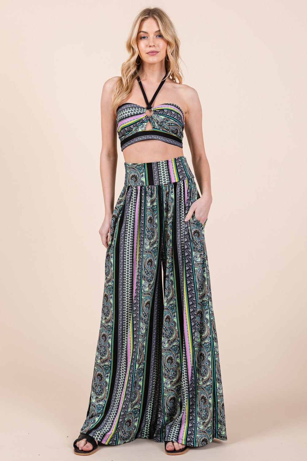 Orange Farm Boho. Print Wide Leg Pants with Pockets in S - Boho Style - Boho Printed Pants (bottom)