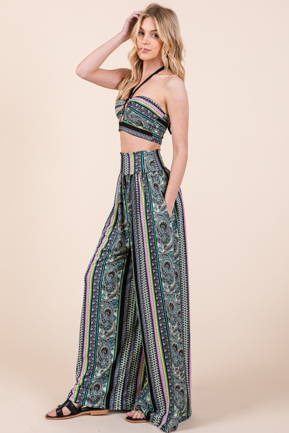 Orange Farm Boho. Print Wide Leg Pants with Pockets in L view 3 - Boho Style - Boho Printed Pants (bottom)