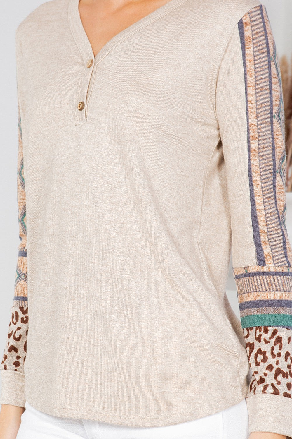 Orange Farm Button Detailed Front Knit with Contrast Sleeves Top view 6 - Fall Wardrobe Essential - Button Full Sleeves Top
