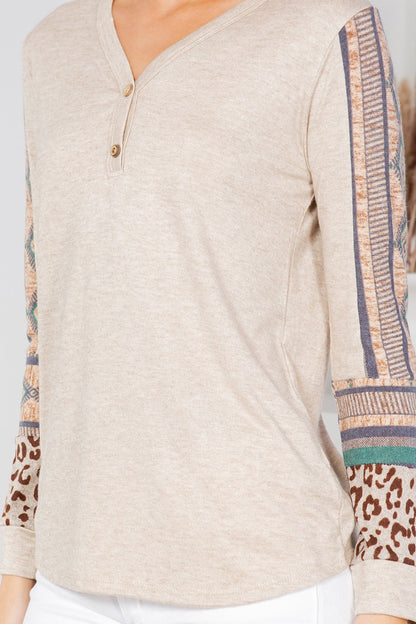 Orange Farm Button Detailed Front Knit with Contrast Sleeves Top view 6 - Fall Wardrobe Essential - Button Full Sleeves Top