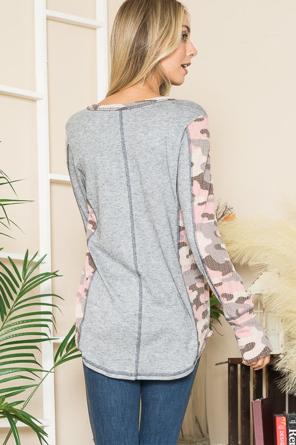 Orange Farm Camouflage Print Contrast Thumbhole Knit Top in H Grey Combo view 4 - Fall Wardrobe Essential