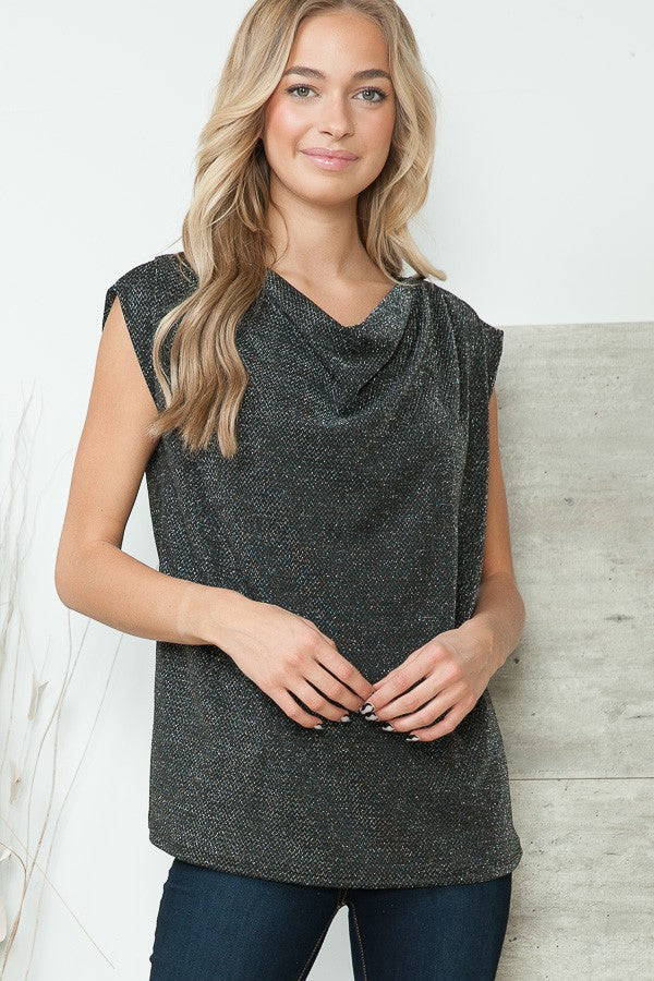 Orange Farm Cowl Neck Lurex Top with Padded Shoulders in Glitter Diamond Print view 2 - Lurex Cowl Neck Top