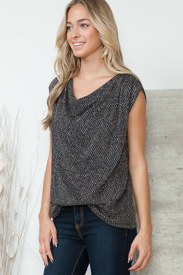 Orange Farm Cowl Neck Lurex Top with Padded Shoulders in Glitter Diamond Print view 4 - Lurex Cowl Neck Top