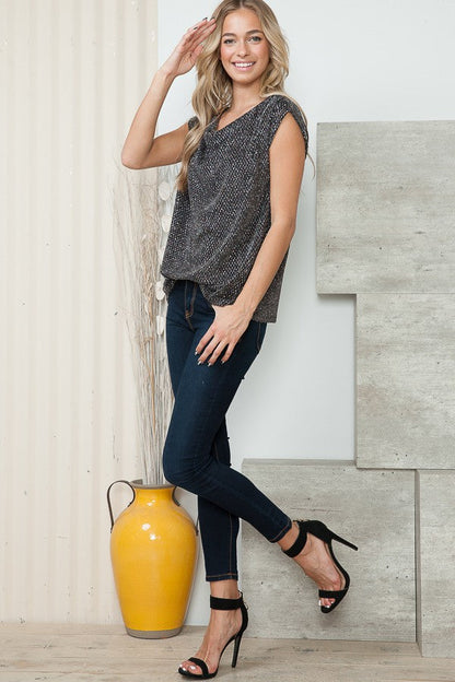 Orange Farm Cowl Neck Lurex Top with Padded Shoulders in Silver Lurex view 5 - Lurex Cowl Neck Top