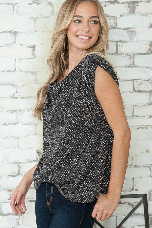 Orange Farm Cowl Neck Lurex Top with Padded Shoulders in Silver Lurex view 6 - Lurex Cowl Neck Top