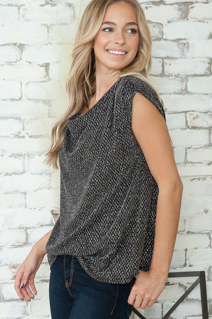 Orange Farm Cowl Neck Lurex Top with Padded Shoulders in Silver Lurex view 6 - Lurex Cowl Neck Top