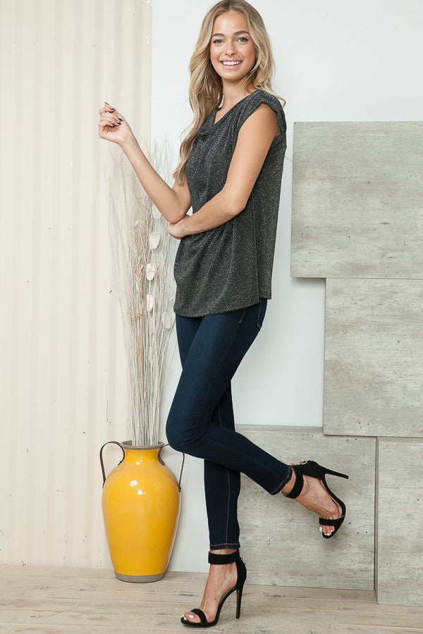 Orange Farm Cowl Neck Lurex Top with Padded Shoulders in Silver Lurex view 7 - Lurex Cowl Neck Top