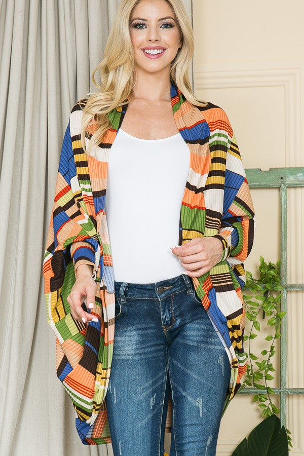 Orange Farm Dolman Open Front Cardigan Top in Hunter Green Combo view 4 - Dolman Sleeve Open Cardigan
