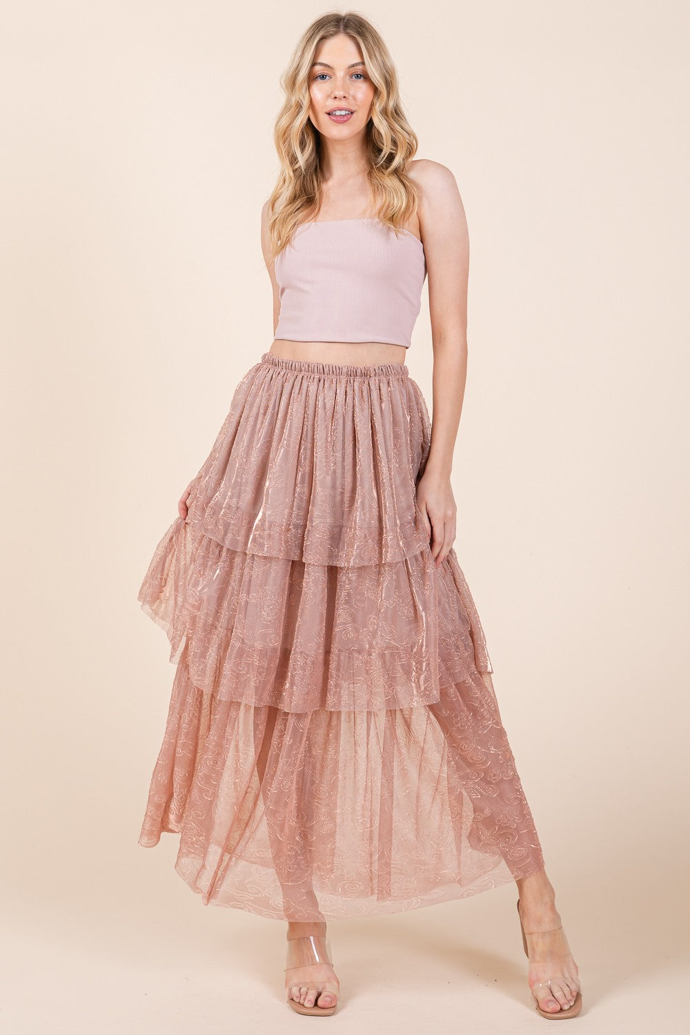 Orange Farm Elastic Waisted Embossed Mesh Tiered Ruffle Skirt in S - Comfort Stretch - Elastic Waist Skirt