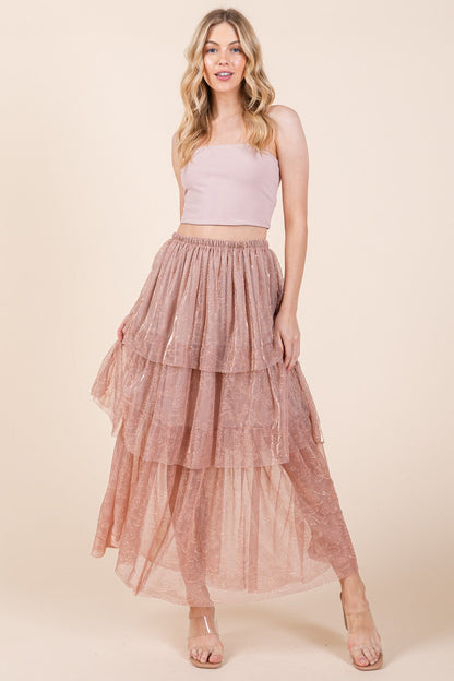 Orange Farm Elastic Waisted Embossed Mesh Tiered Ruffle Skirt in S - Comfort Stretch - Elastic Waist Skirt