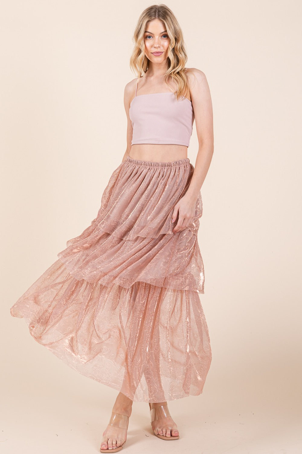Orange Farm Elastic Waisted Embossed Mesh Tiered Ruffle Skirt in L view 3 - Comfort Stretch - Elastic Waist Skirt