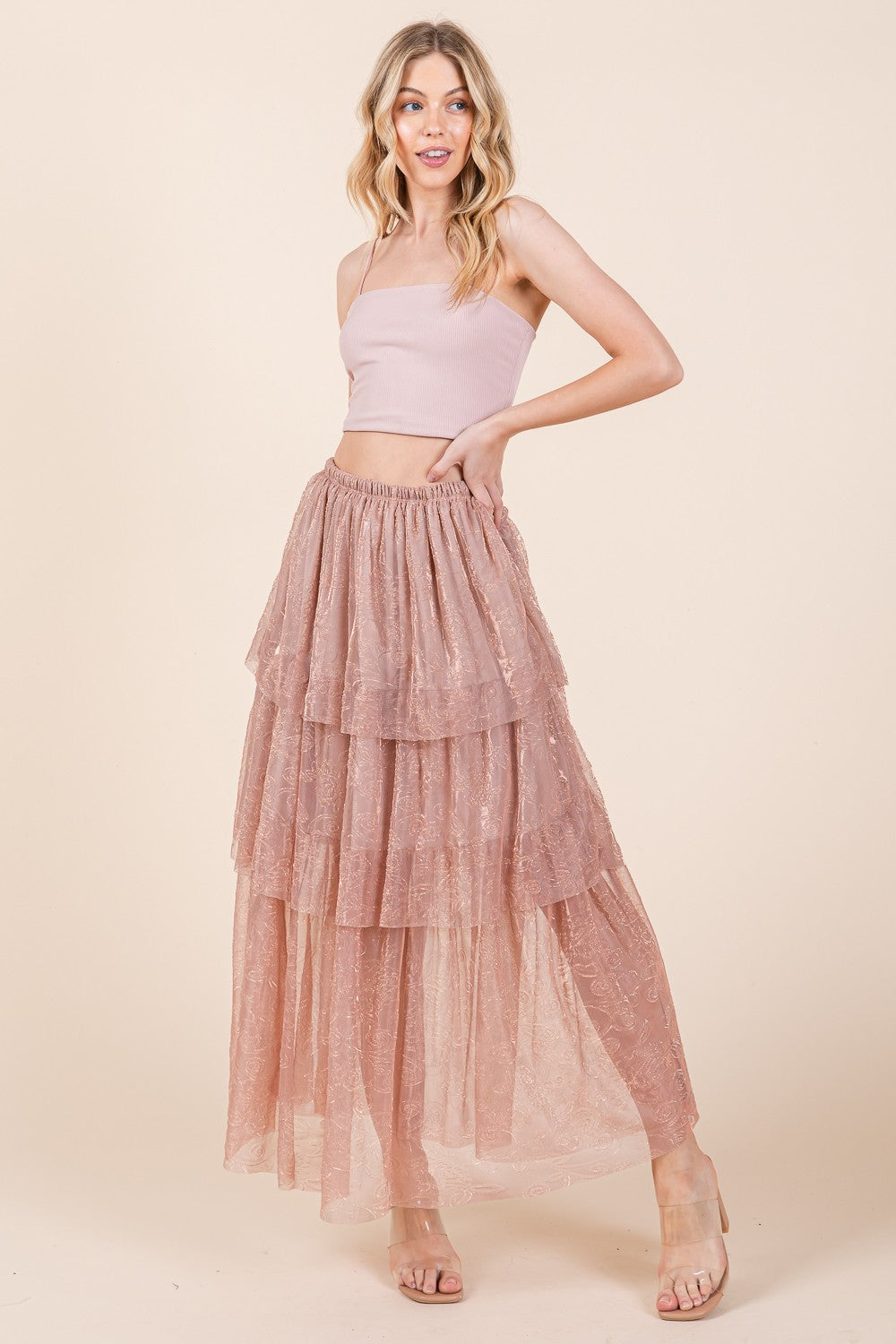 Orange Farm Elastic Waisted Embossed Mesh Tiered Ruffle Skirt in XL view 4 - Comfort Stretch - Elastic Waist Skirt