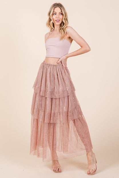 Orange Farm Elastic Waisted Embossed Mesh Tiered Ruffle Skirt in XL view 4 - Comfort Stretch - Elastic Waist Skirt