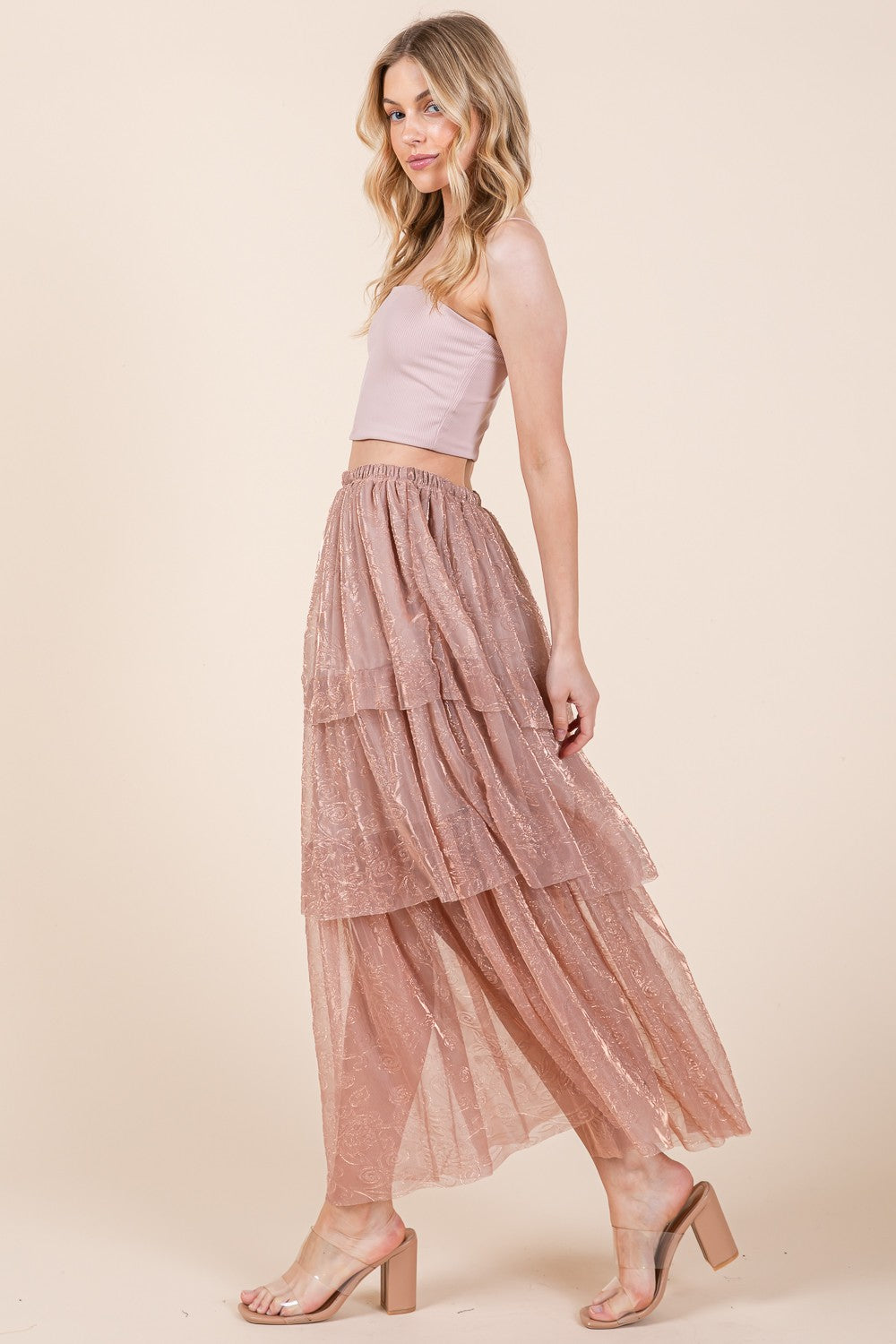 Orange Farm Elastic Waisted Embossed Mesh Tiered Ruffle Skirt view 5 - Comfort Stretch - Elastic Waist Skirt