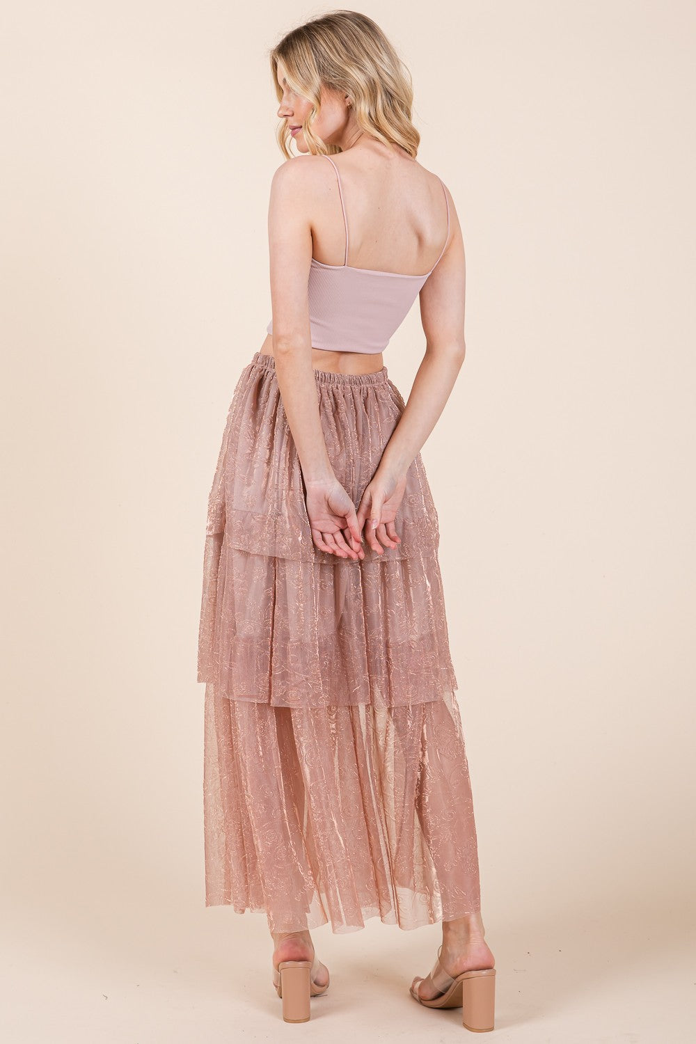 Orange Farm Elastic Waisted Embossed Mesh Tiered Ruffle Skirt view 6 - Comfort Stretch - Elastic Waist Skirt