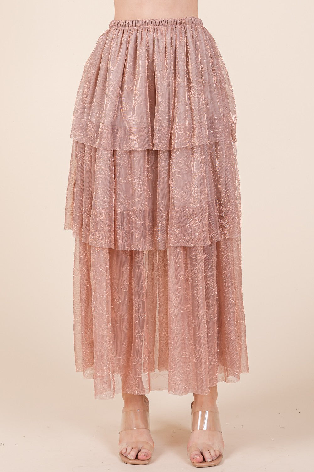Orange Farm Elastic Waisted Embossed Mesh Tiered Ruffle Skirt view 7 - Comfort Stretch - Elastic Waist Skirt