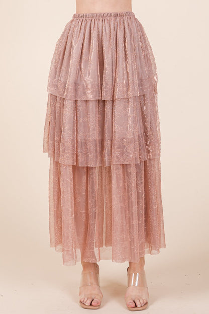 Orange Farm Elastic Waisted Embossed Mesh Tiered Ruffle Skirt view 7 - Comfort Stretch - Elastic Waist Skirt