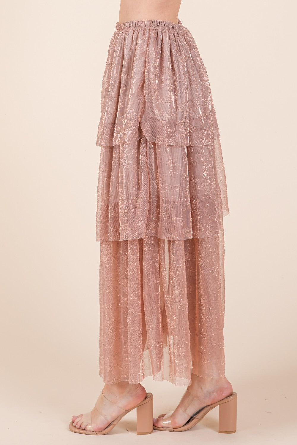 Orange Farm Elastic Waisted Embossed Mesh Tiered Ruffle Skirt view 8 - Comfort Stretch - Elastic Waist Skirt