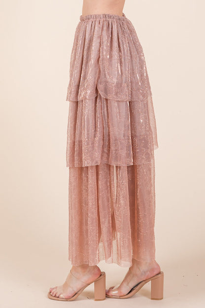 Orange Farm Elastic Waisted Embossed Mesh Tiered Ruffle Skirt view 8 - Comfort Stretch - Elastic Waist Skirt