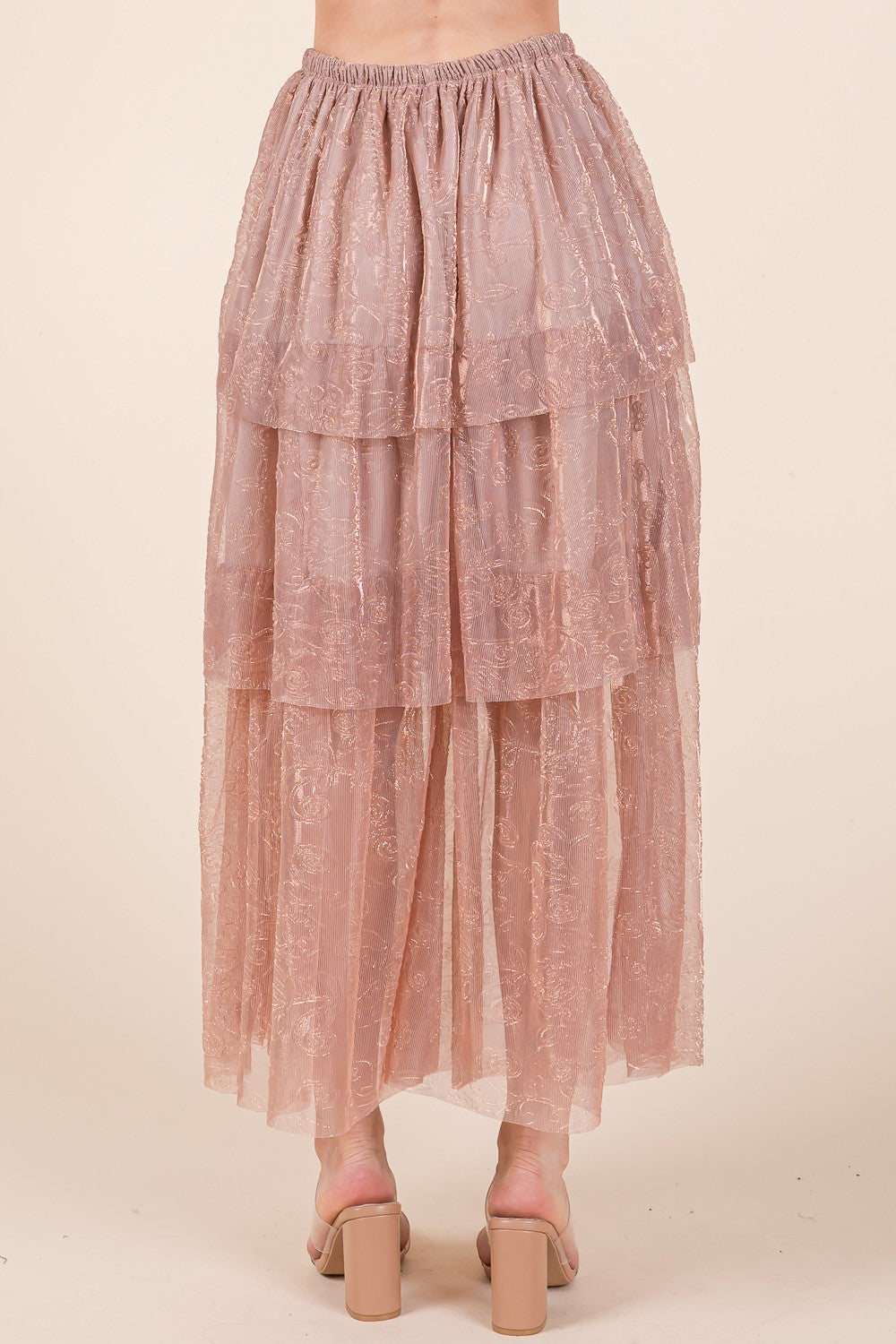 Orange Farm Elastic Waisted Embossed Mesh Tiered Ruffle Skirt view 9 - Comfort Stretch - Elastic Waist Skirt
