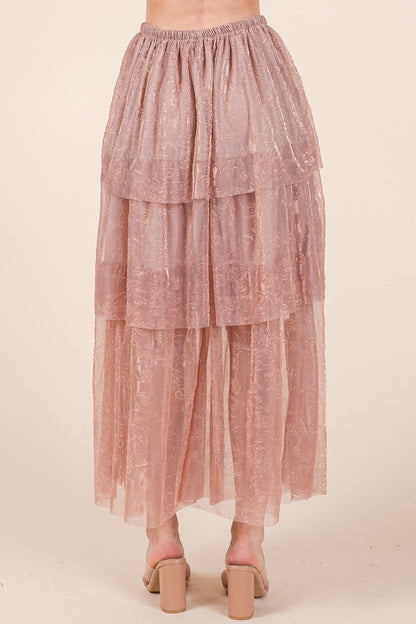 Orange Farm Elastic Waisted Embossed Mesh Tiered Ruffle Skirt view 9 - Comfort Stretch - Elastic Waist Skirt