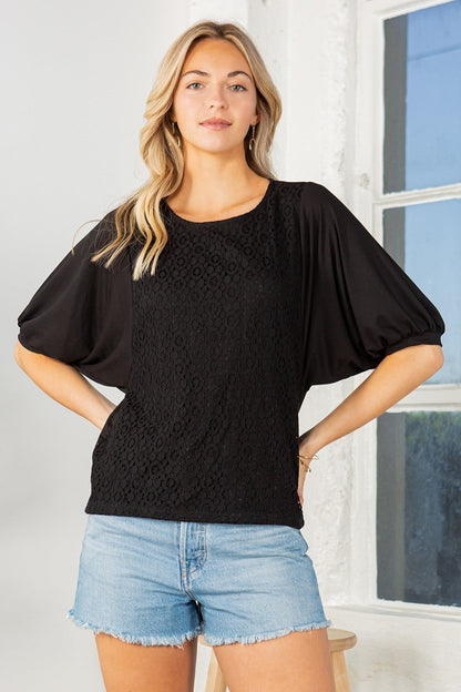 Orange Farm Lace Overlay Puff Sleeve Top in Black view 8 - Lace Overlay Top For Dress