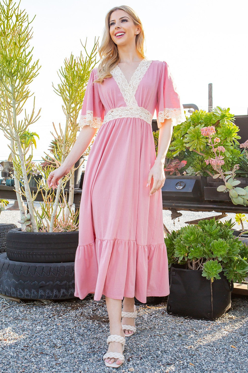 Orange Farm Lace Trimmed Detailed Tiered Dress in Pink - Tiered Trim Dresses