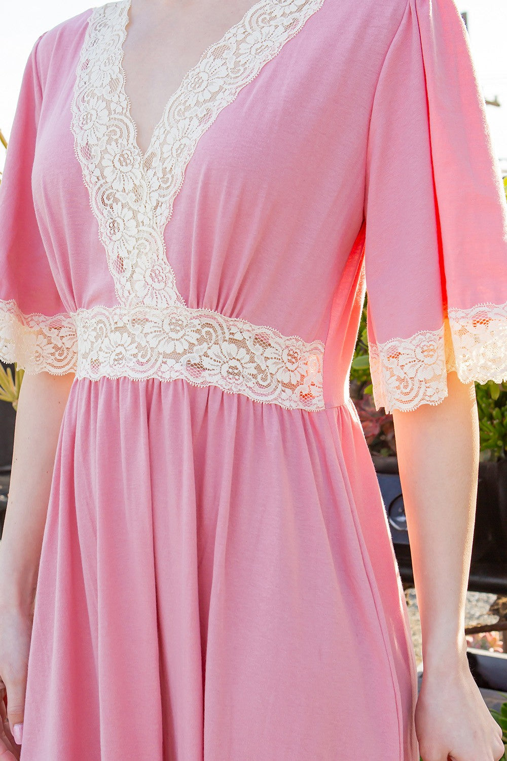 Orange Farm Lace Trimmed Detailed Tiered Dress in Pink view 3 - Tiered Trim Dresses