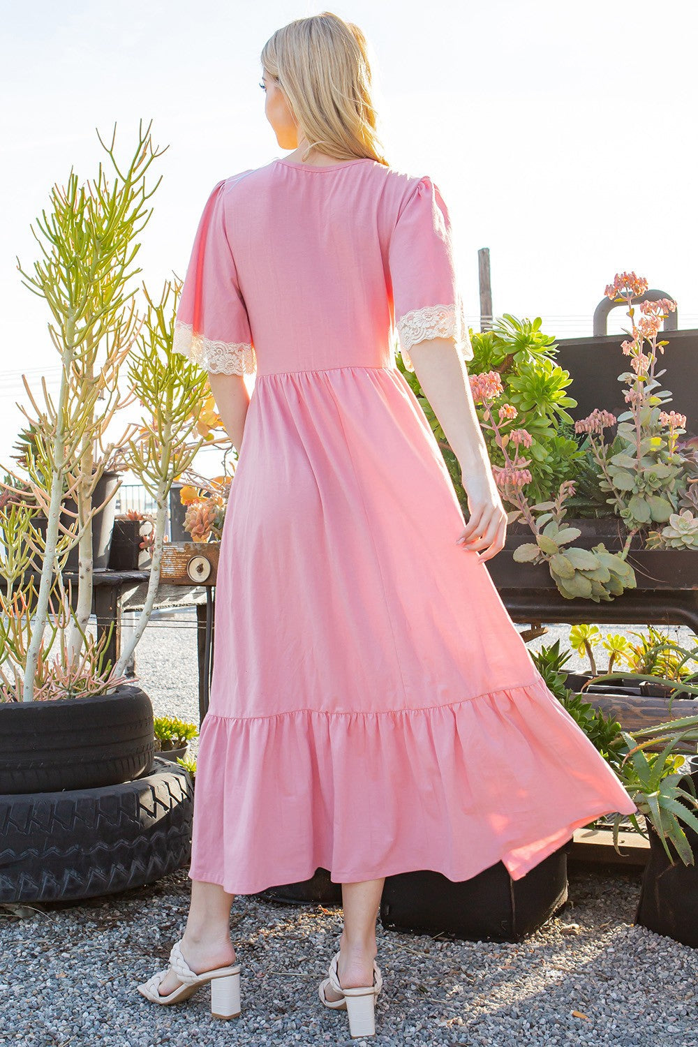Orange Farm Lace Trimmed Detailed Tiered Dress in Pink view 4 - Tiered Trim Dresses