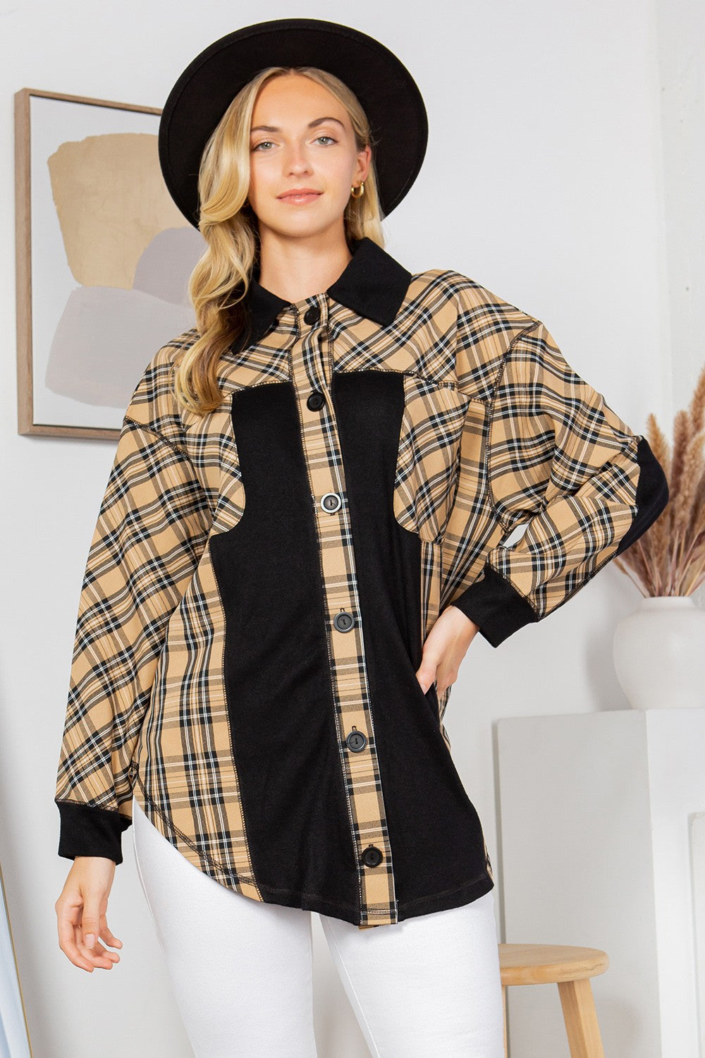 Orange Farm Oversized Elbow Patch Shacket-plaid view 8 - Relaxed Fit - How To Style (layer)