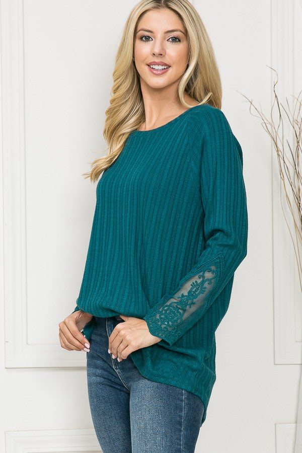 Orange Farm Patch Slv. Pointellet Knit Top in Teal view 4 - Fall Wardrobe Essential - Patch Long Sleeve Top