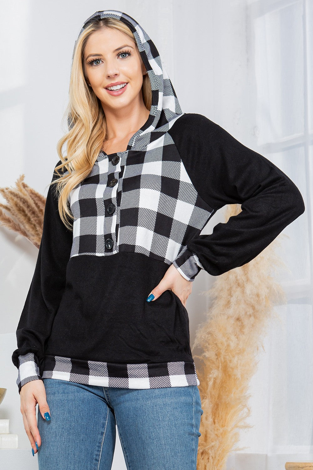 Orange Farm Plaid Print Button Down Hoodie Top in White Combo - Plaid Pattern Hoodie