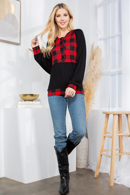 Orange Farm Plaid Print Button Down Hoodie Top in Red Combo view 6 - Plaid Pattern Hoodie