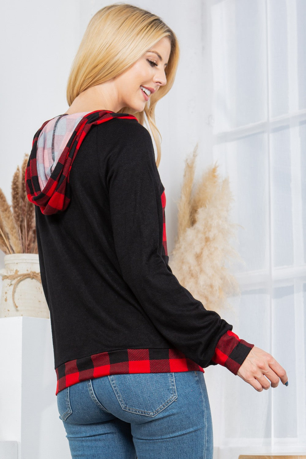 Orange Farm Plaid Print Button Down Hoodie Top view 10 - Plaid Pattern Hoodie