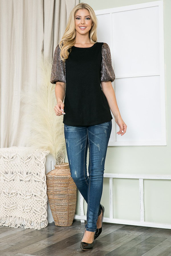 Orange Farm Pleat Mesh Sleeve Knit Top-2 Colos in Gold view 5 - Fall Wardrobe Essential - Pleated Mesh Top