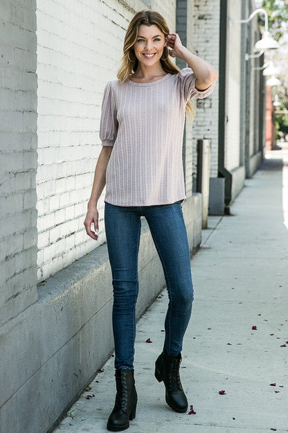 Orange Farm Pointelle Knit Puff Sleeve Top in Olive view 5 - Fall Wardrobe Essential - Pointelle Knit Top H&M
