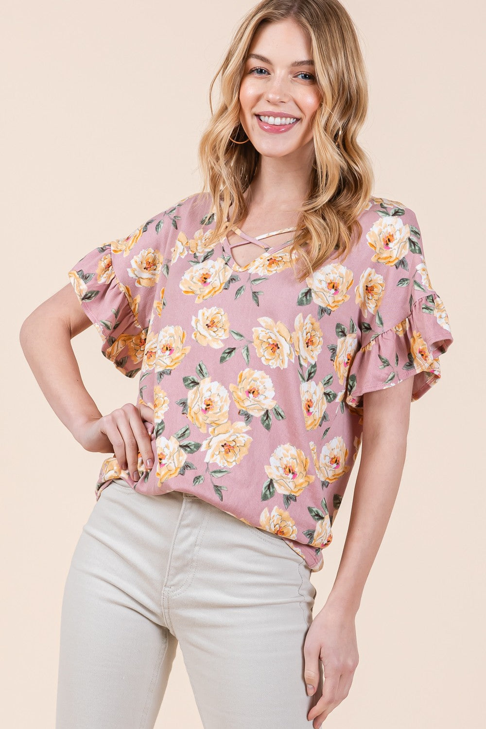 Orange Farm Ruffle Sleeve Light Sweater in Pink view 4 (top)