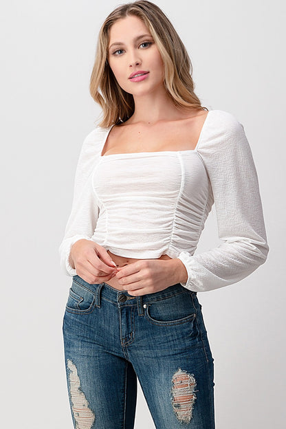 Orange Farm Shirred Puff Sleeve Top in White view 3 - Puff Sleeve Top With Shirred Neckline