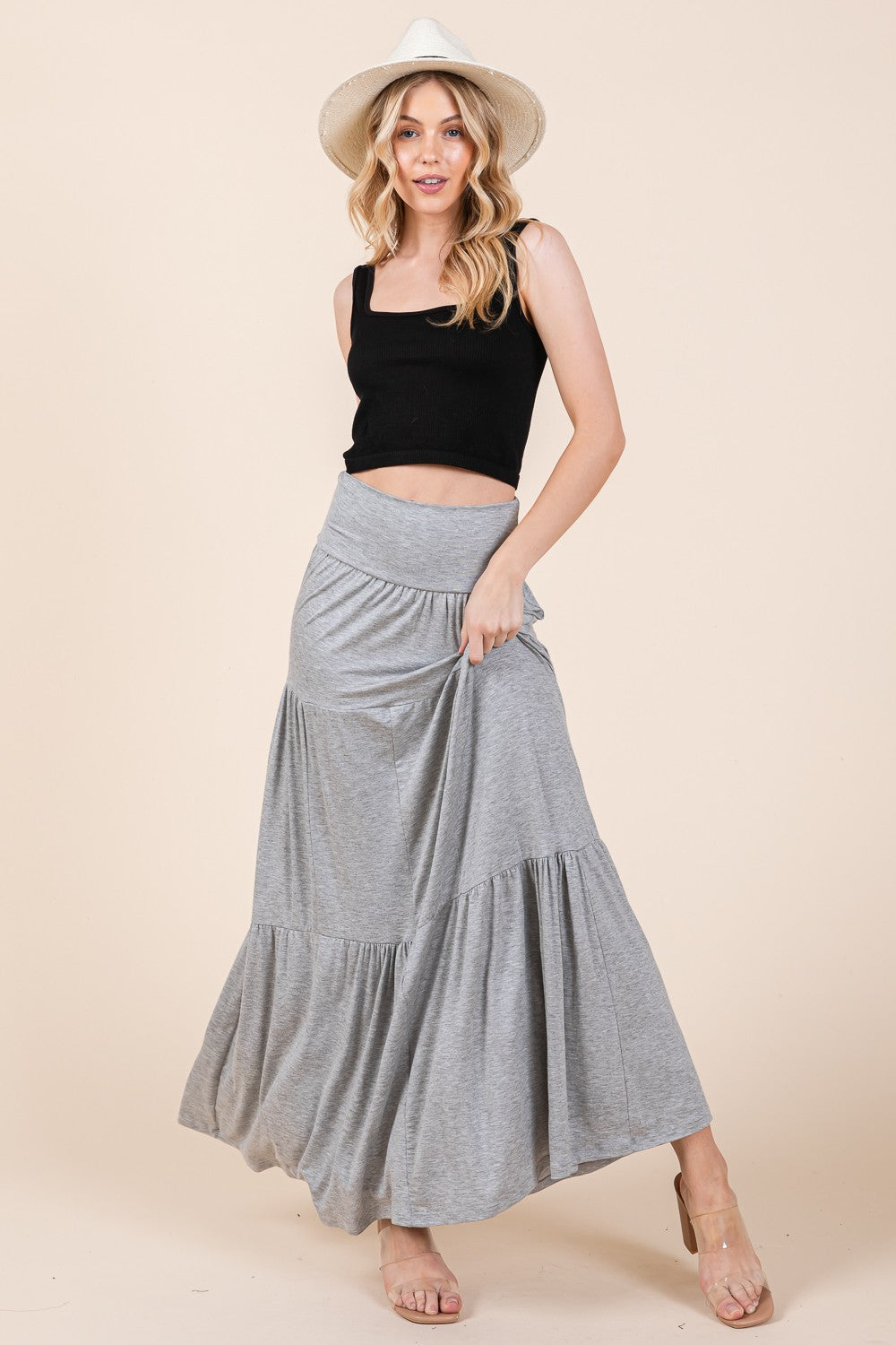 Orange Farm Solid Tiered Ruffle Skirt in Mocha view 2 - Solid Layered Skirt