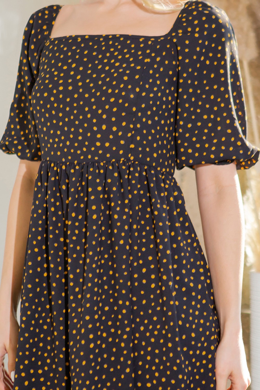 Orange Farm Spagetti Tie Back Puff Sleeve Woven Dress in Black view 3 - Spaghetti Strap Puff Dress