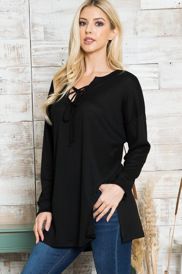 Orange Farm Tie Front Tunic Top in Blue view 2 - Tunica