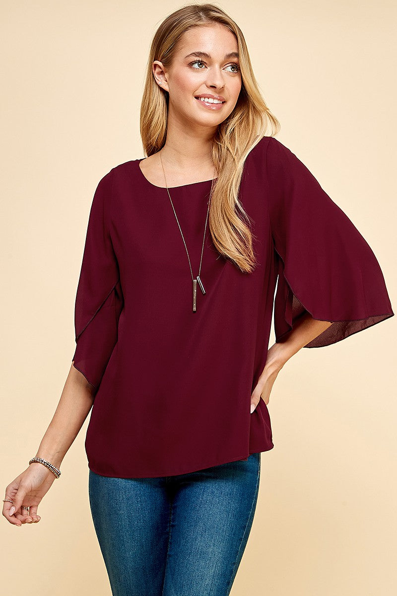 Orange Farm Tulip Sleeve Woven Blouse in Wine view 7 (top)