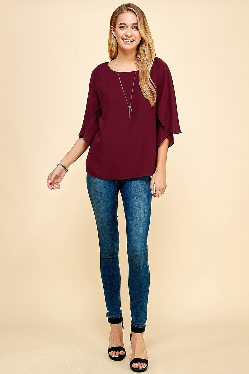 Orange Farm Tulip Sleeve Woven Blouse in Wine view 8 (top)