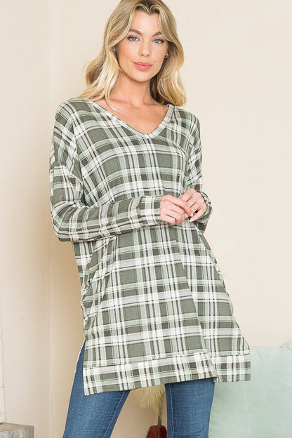 Orange Farm V Neck Sweater Tunic W/ Pockets in Plaid Brown view 2 (top)