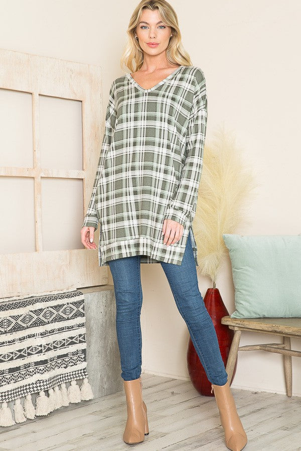 Orange Farm V Neck Sweater Tunic W/ Pockets in Plaid Brown view 4 (top)