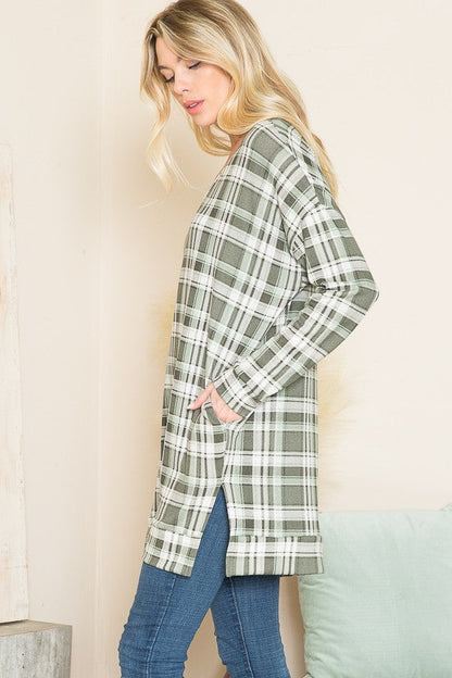 Orange Farm V Neck Sweater Tunic W/ Pockets in Plaid Sage view 5 (top)