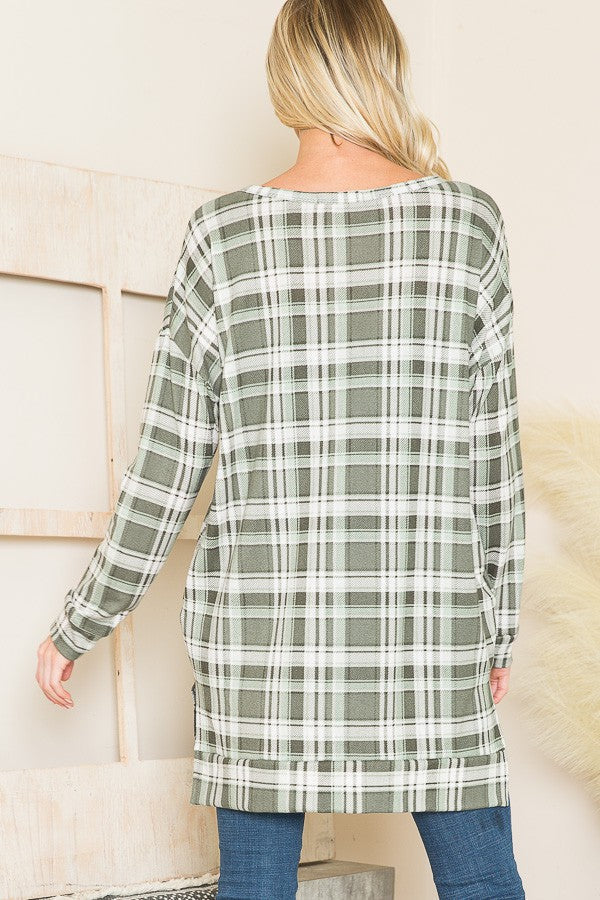 Orange Farm V Neck Sweater Tunic W/ Pockets in Plaid Sage view 6 (top)