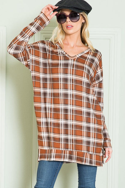 Orange Farm V Neck Sweater Tunic W/ Pockets in Plaid Sage view 7 (top)