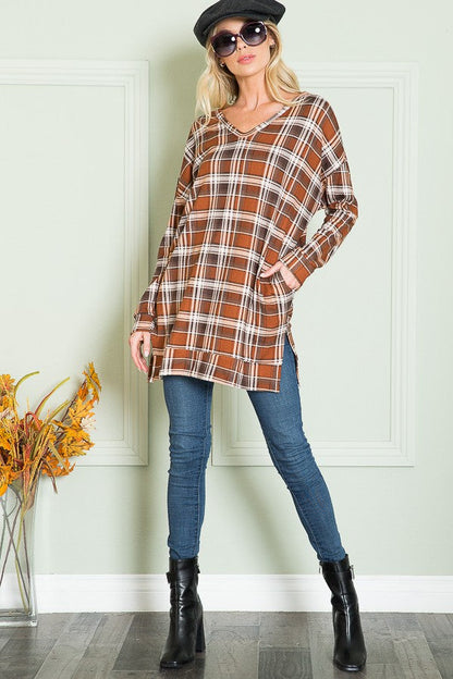 Orange Farm V Neck Sweater Tunic W/ Pockets in Plaid Sage view 8 (top)