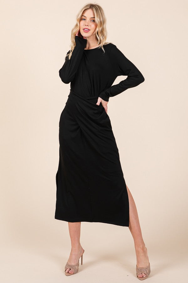 Orange Farm Waist Wrap Dress-with Pockets-solid in Black - Wrap Dress With Pockets